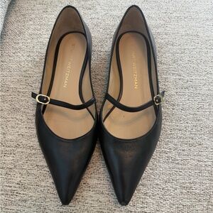 Stuart Weitzman Black Pointed Mary Jane Flats with Gold Buckles, SG878